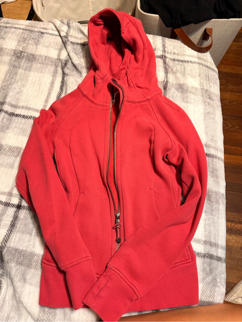 lululemon athletica women’s Coral-Red Hooded Zip-Up Sweater